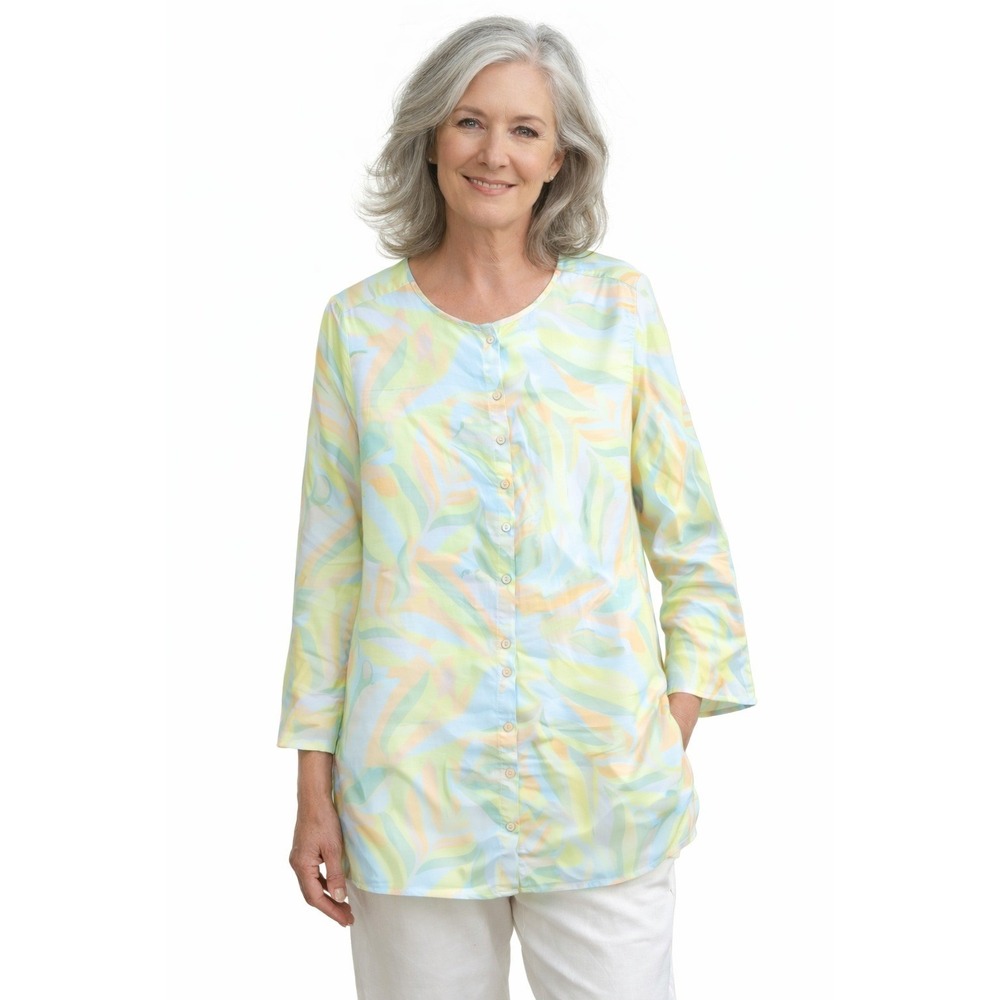 Womens XL‎ Top Buttons Linen Pastel Tropical Summer Vacay Resort Coastal Grandma